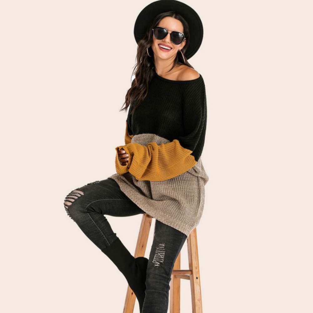 Color-Block Drop Shoulder Ribbed Knit Sweater